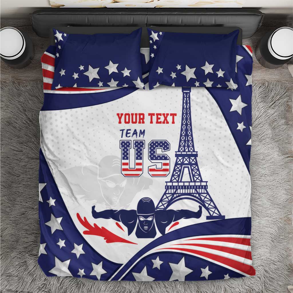 Top view of USA-themed bedding set with two blue star pillows and matching duvet