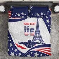 Top view of USA-themed bedding set with two blue star pillows and matching duvet