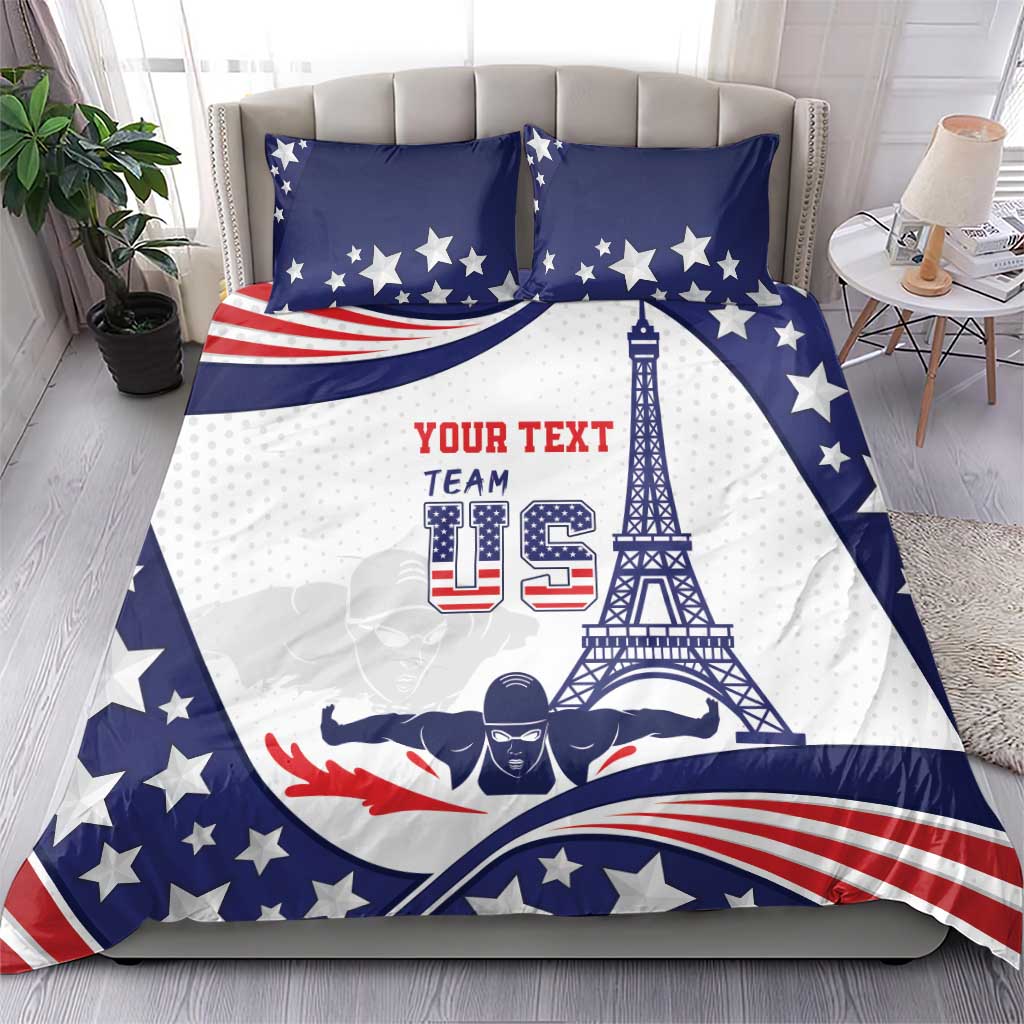 Blue and white USA-themed bedding set with star-and-stripe duvet and two matching pillows