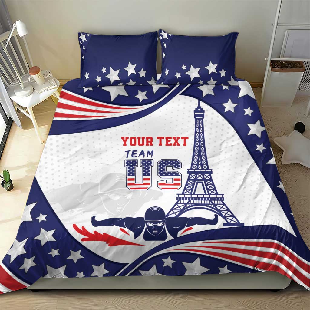 Blue and white bedding set with USA star pillows and Eiffel Tower graphic duvet
