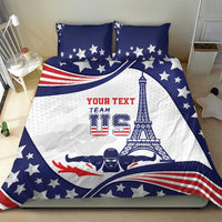 Blue and white bedding set with USA star pillows and Eiffel Tower graphic duvet