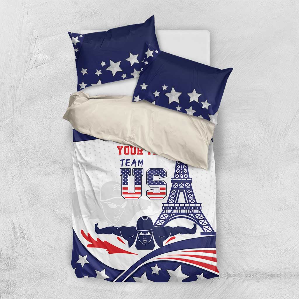 USA-themed bedding set on white bedspread: blue star pillowcases and patterned duvet