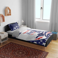 USA-themed duvet bedding set on bed with blue star pillows and patriotic graphics