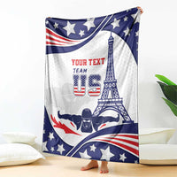 Personalized USA swimming blanket held open, blue and white stars, stripes, Eiffel tower