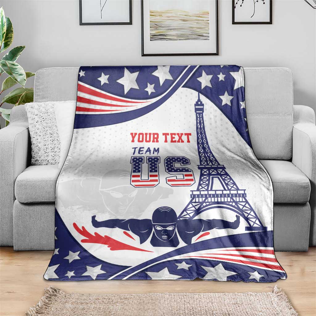 Personalized USA swimming blanket, blue and white stars, red text, Eiffel tower artwork