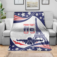 Personalized USA swimming blanket, blue and white stars, red text, Eiffel tower artwork