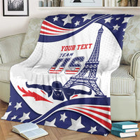 Personalized USA swimming blanket in blue and white with stars, stripes, Eiffel tower