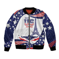 Blue and white bomber jacket with stars, stripes, zipper front, ribbed cuffs, swim graphic