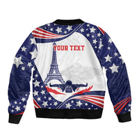 Blue bomber jacket with stars and stripes, Eiffel tower swim graphic, custom text, zipper front