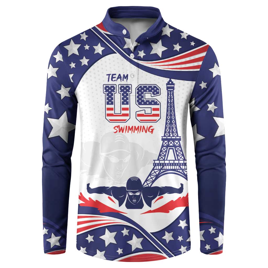 Navy button-collar sweatshirt with Team USA Swimming graphic and stars on front