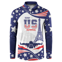 Navy button-collar sweatshirt with Team USA Swimming graphic and stars on front
