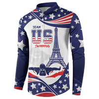 Navy button-collar sweatshirt with Team USA Swimming graphic and stars on front
