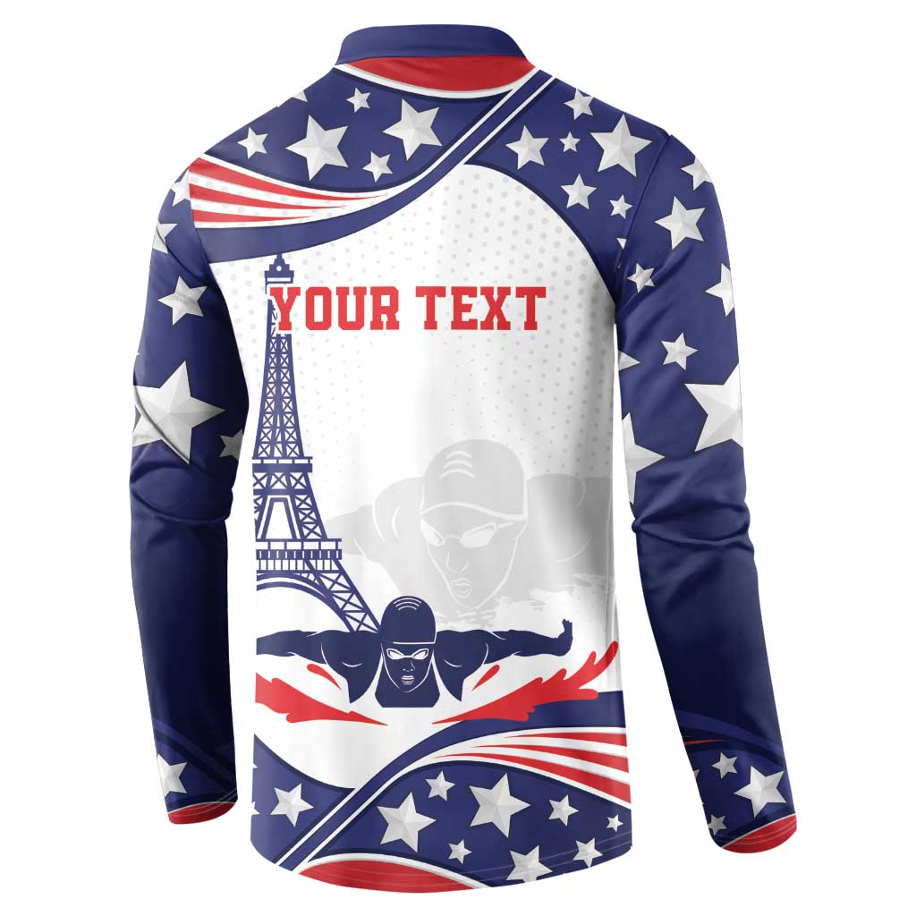 Navy and white stars sweatshirt with button collar; "YOUR TEXT" and Eiffel graphic