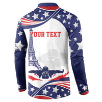 Navy and white stars sweatshirt with button collar; "YOUR TEXT" and Eiffel graphic