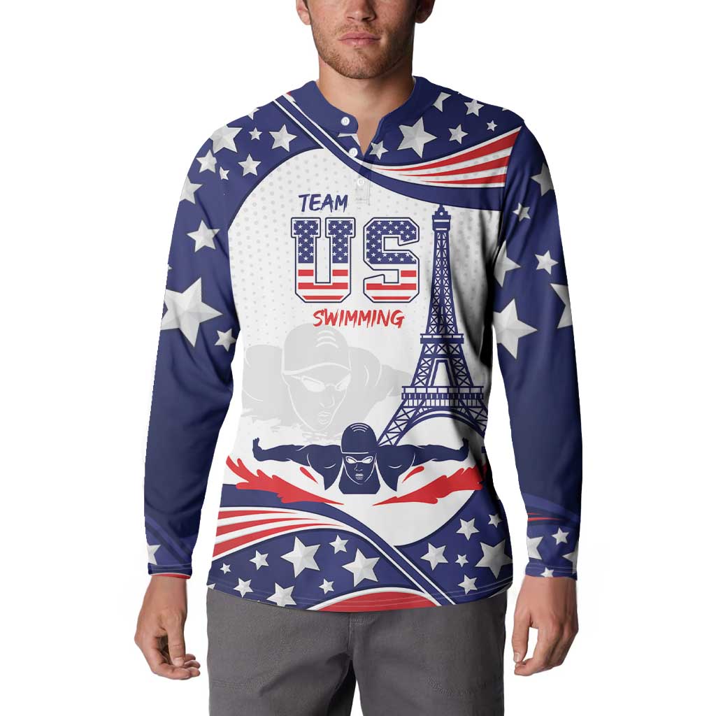 Navy button-up sweatshirt with stars and Team USA Swimming graphic on front