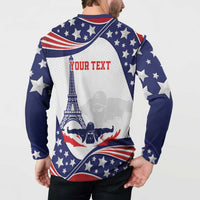 Navy and white stars sweatshirt on back with "YOUR TEXT" and swimming figure graphic