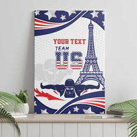 Blue, white, and red canvas wall art featuring swimmer, Eiffel Tower, and YOUR TEXT TEAM