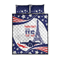 Blue and white quilt bed set with patriotic stars and stripes, Eiffel Tower and swimmer art