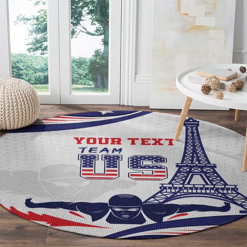 Round sports carpet with white base and blue-red swimmers, Eiffel Tower and red text