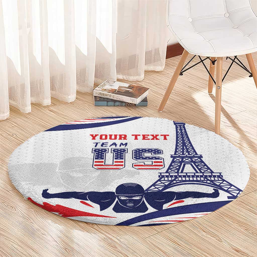 Round sports carpet on wood floor, white with blue-red team swimmer and tower print