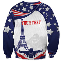 Unisex navy sweatshirt with stars, Your Text graphic, swimmer and Eiffel Tower on front