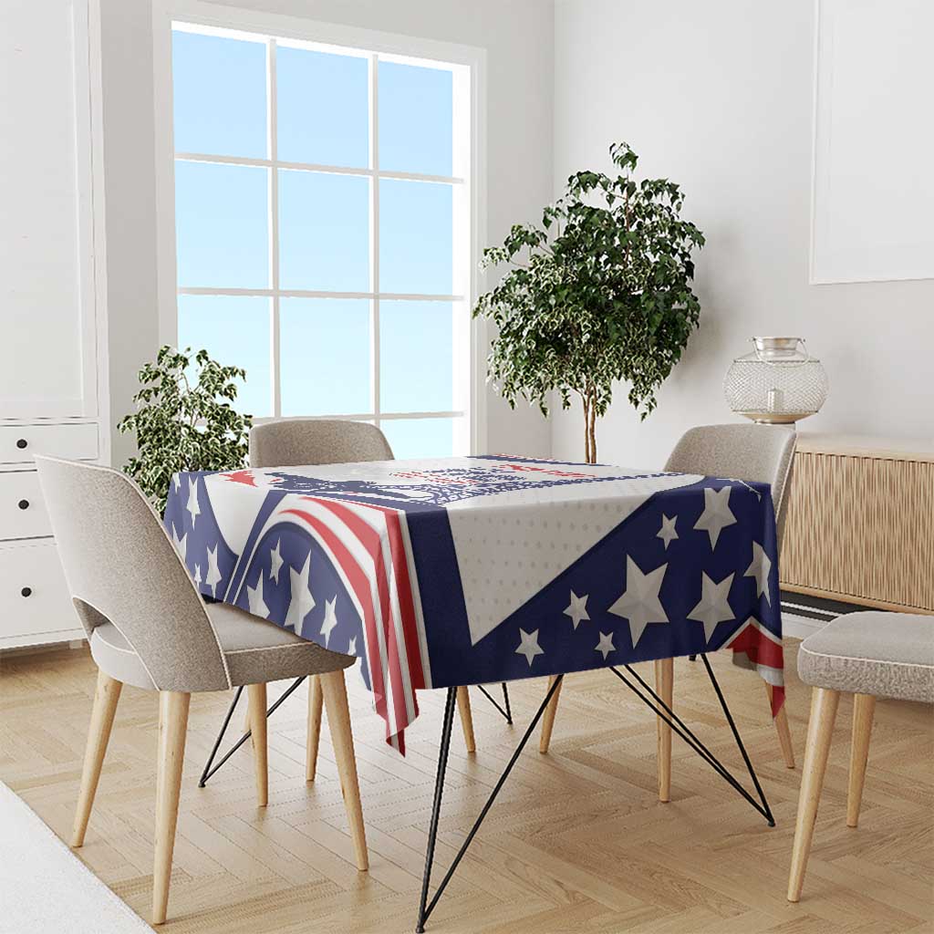 Patriotic USA swimming tablecloth with navy stars and red-white stripes on a dining set
