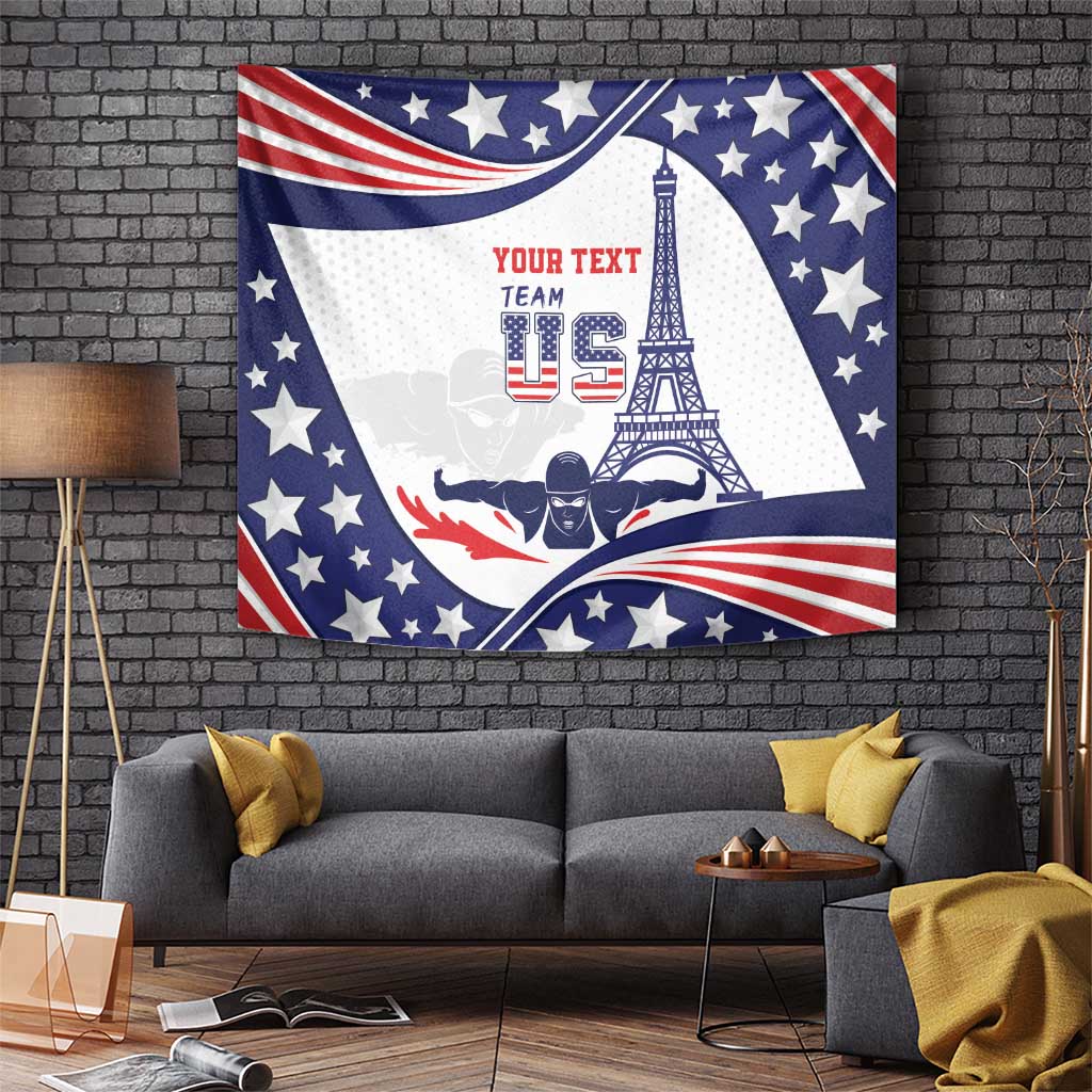 Personalized USA swimming wall tapestry, blue stars, red stripes, Eiffel-tower graphic