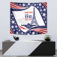 Personalized USA swimming tapestry with blue star border, red stripes, USA swimmer and tower