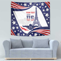 Personalized USA swimming wall tapestry with central USA emblem, red-blue stars, Eiffel tower