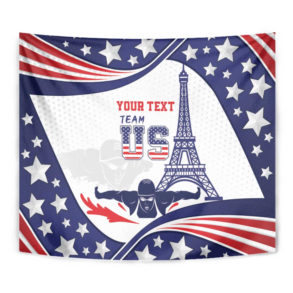Personalized USA swimming tapestry close-up, blue background with star border and red stripe arcs