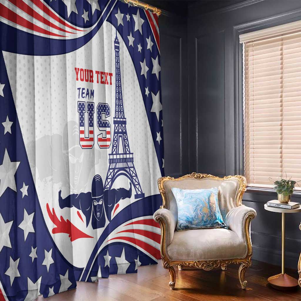 Blue and red star curtain panel with Eiffel Tower and swimmer graphic near armchair