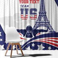 Personalized USA curtain panel with Eiffel Tower, swimmer graphic, and star borders