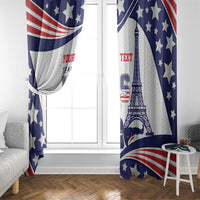 Blue and red star window curtain with Eiffel Tower and swimmer motif, draped and tied