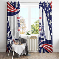 Two blue star curtains with Eiffel Tower and swimmer graphics, full window coverage