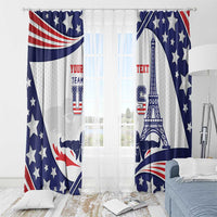 Patriotic curtain pair with Eiffel Tower and swimmer motifs, hanging from metal rings