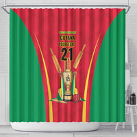 Red and green cricket victory shower curtain featuring trophy, cricket ball, '21'