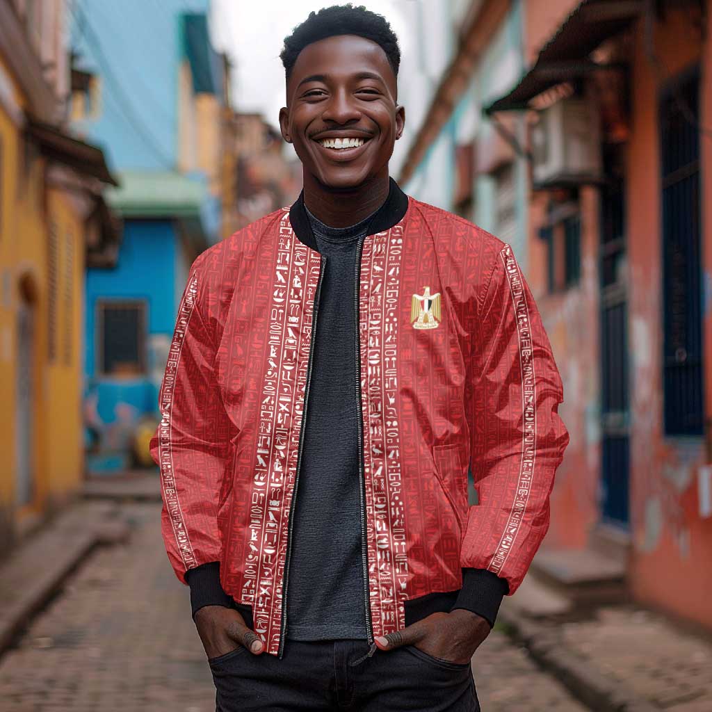 World Football 2026 Egypt Custom Bomber Jacket Red Ancient Egyptian Hieroglyphs - Wonder Print Shop
