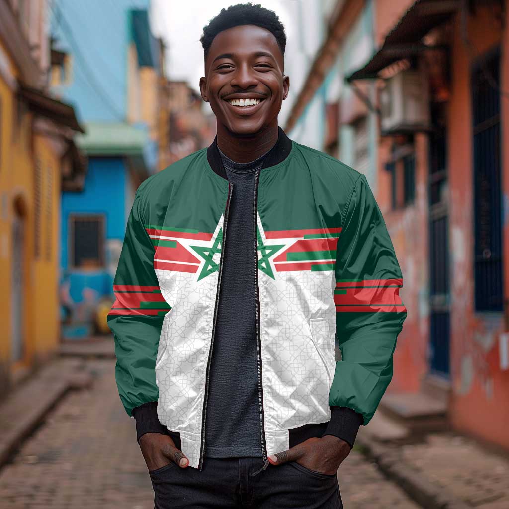 World Football 2026 Morocco Custom Bomber Jacket African Geometric White Pattern - Wonder Print Shop