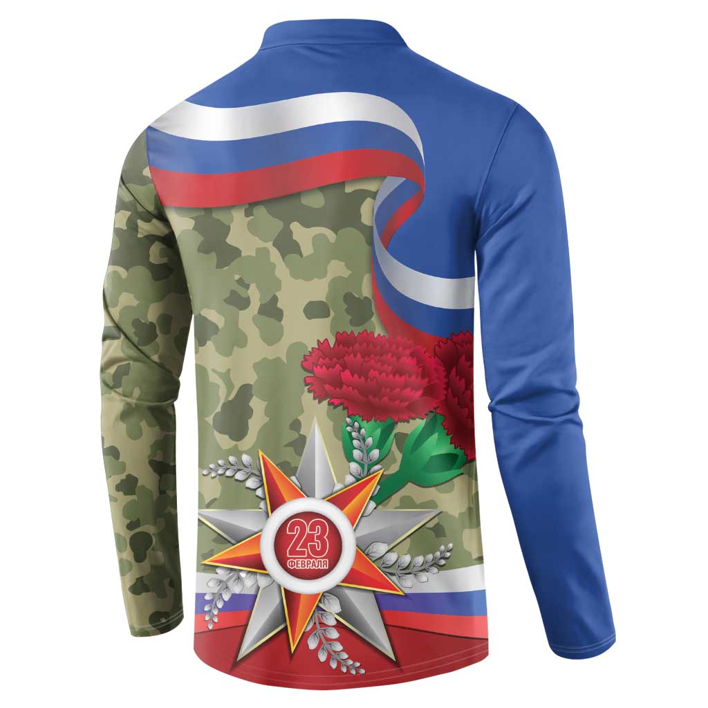 Back view of blue and camo button sweatshirt with polo collar and patriotic graphic