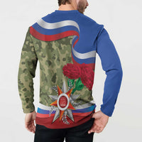 Blue and camo button sweatshirt back on model with patriotic ribbon star graphic