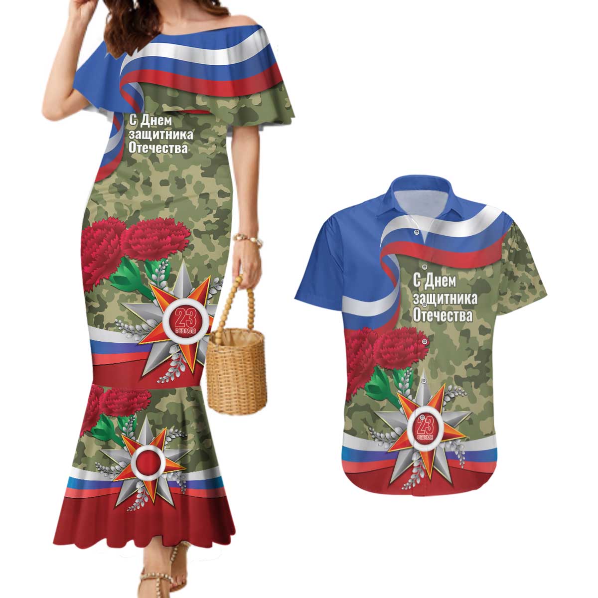 Russia Defender of The Fatherland Day Couples Matching Mermaid Dress and Hawaiian Shirt