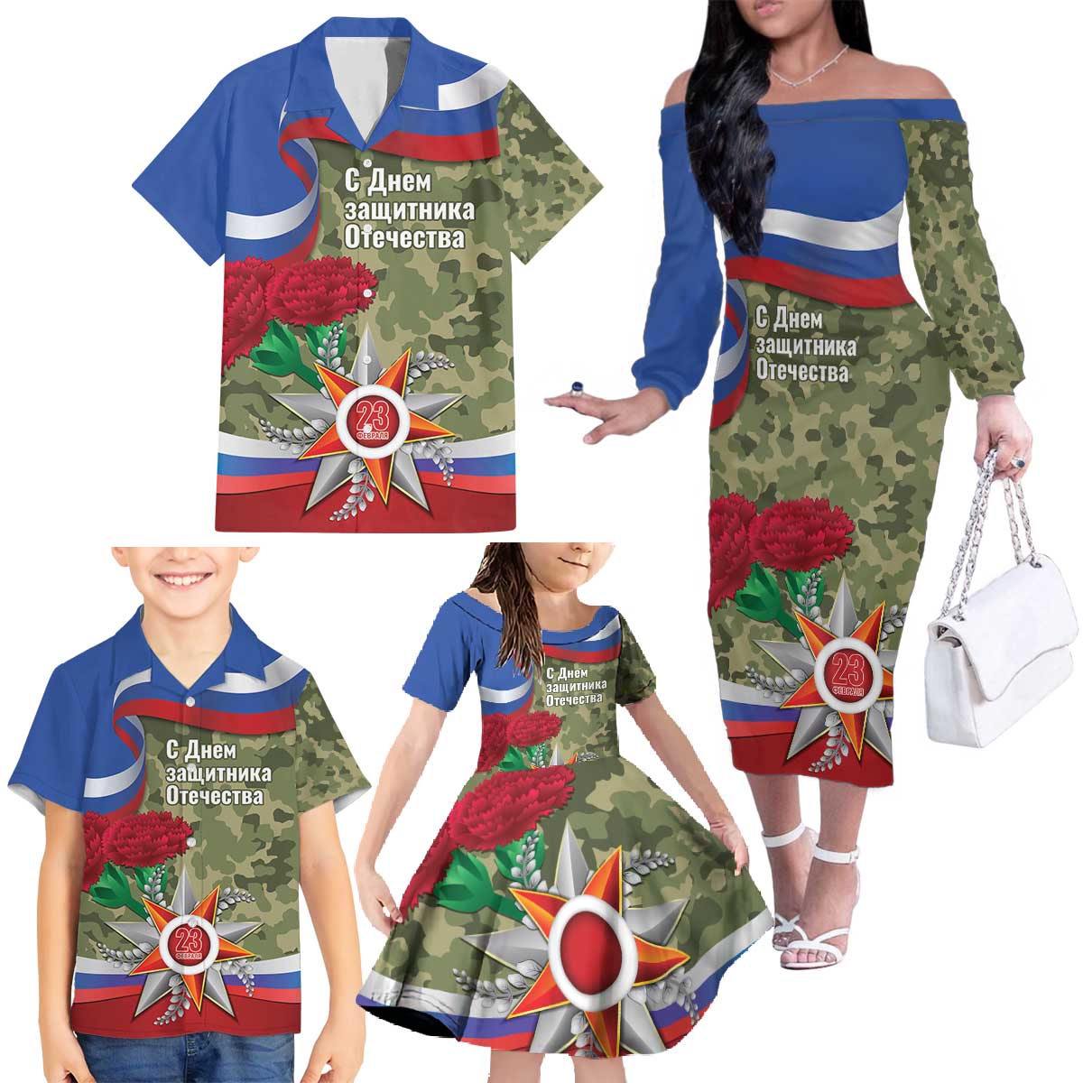 Russia Defender of The Fatherland Day Family Matching Off The Shoulder Long Sleeve Dress and Hawaiian Shirt