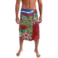 Men's printed lava lava with blue-red striped waistband, camo center, flower and medal