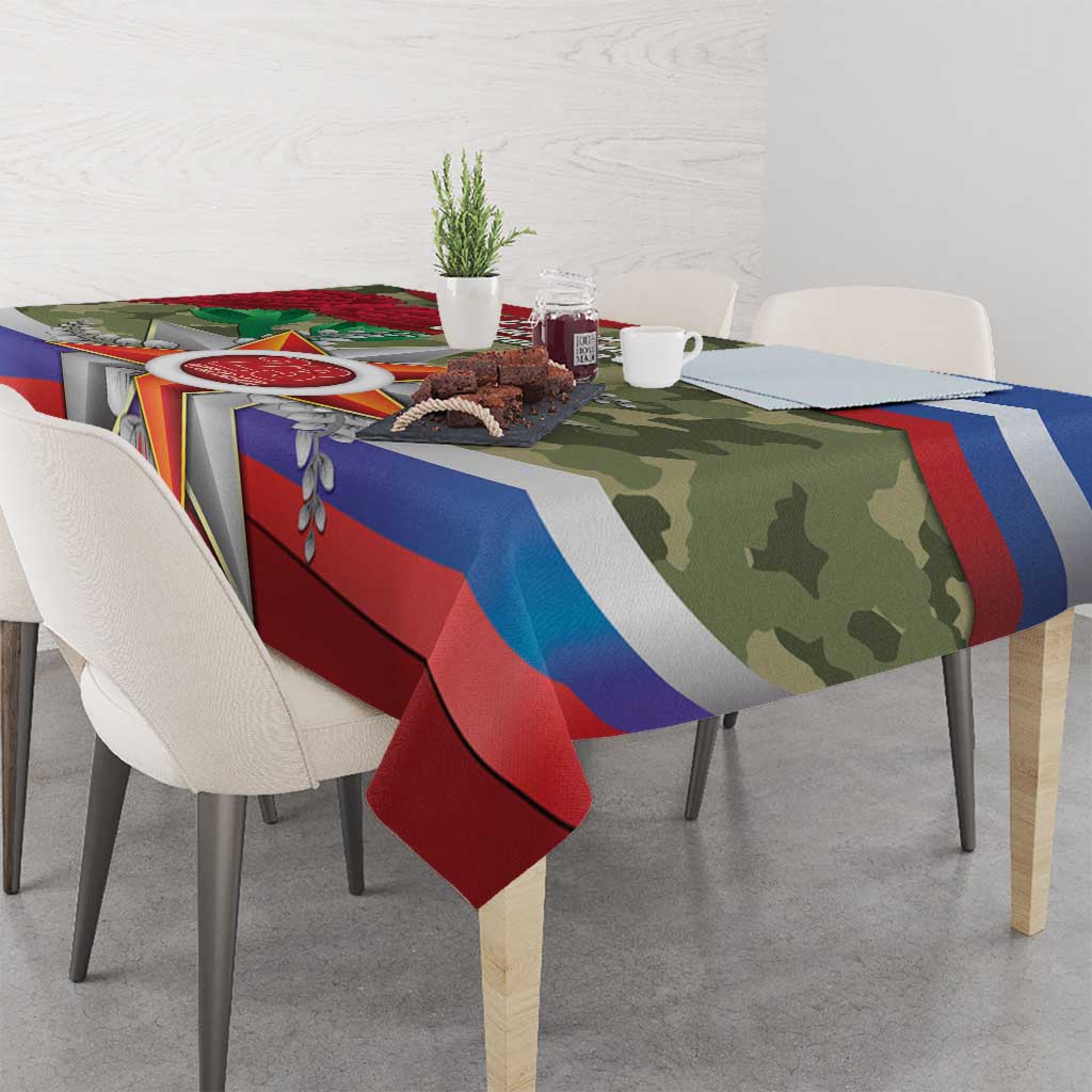 Patriotic tablecloth edge drape with blue stripe, red panels, and green camouflage motif