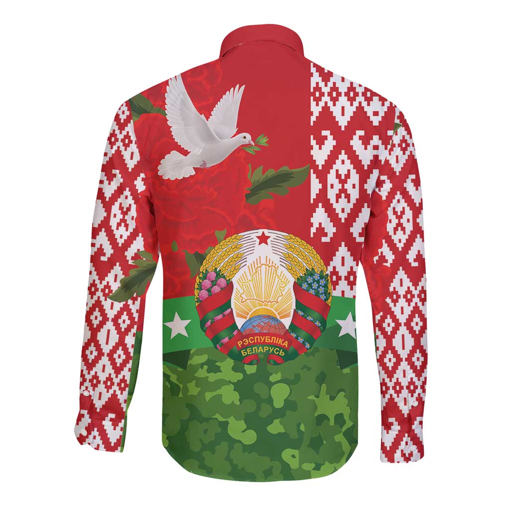 Red long-sleeve button shirt with white geometric back, crest and text graphic