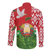 Red long-sleeve button shirt with white geometric back, crest and text graphic