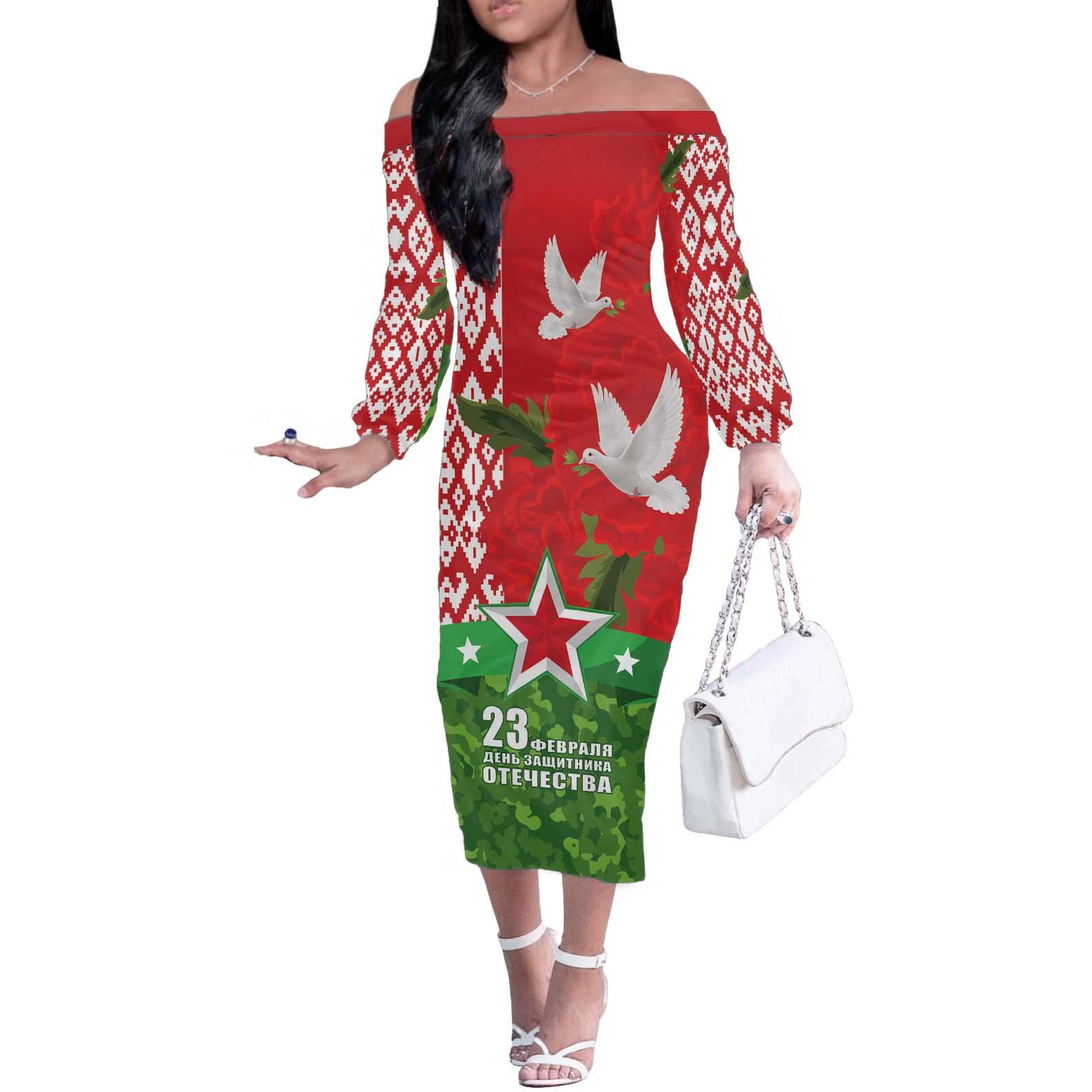 Belarus Defender of The Fatherland Day Off The Shoulder Long Sleeve Dress