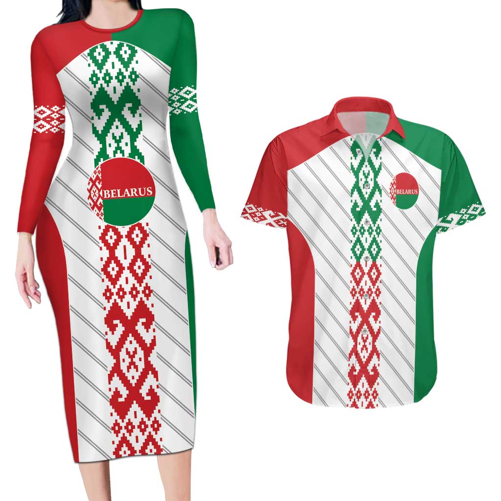 Belarus Football Custom Couples Matching Long Sleeve Bodycon Dress and Hawaiian Shirt Rushnyk Pattern