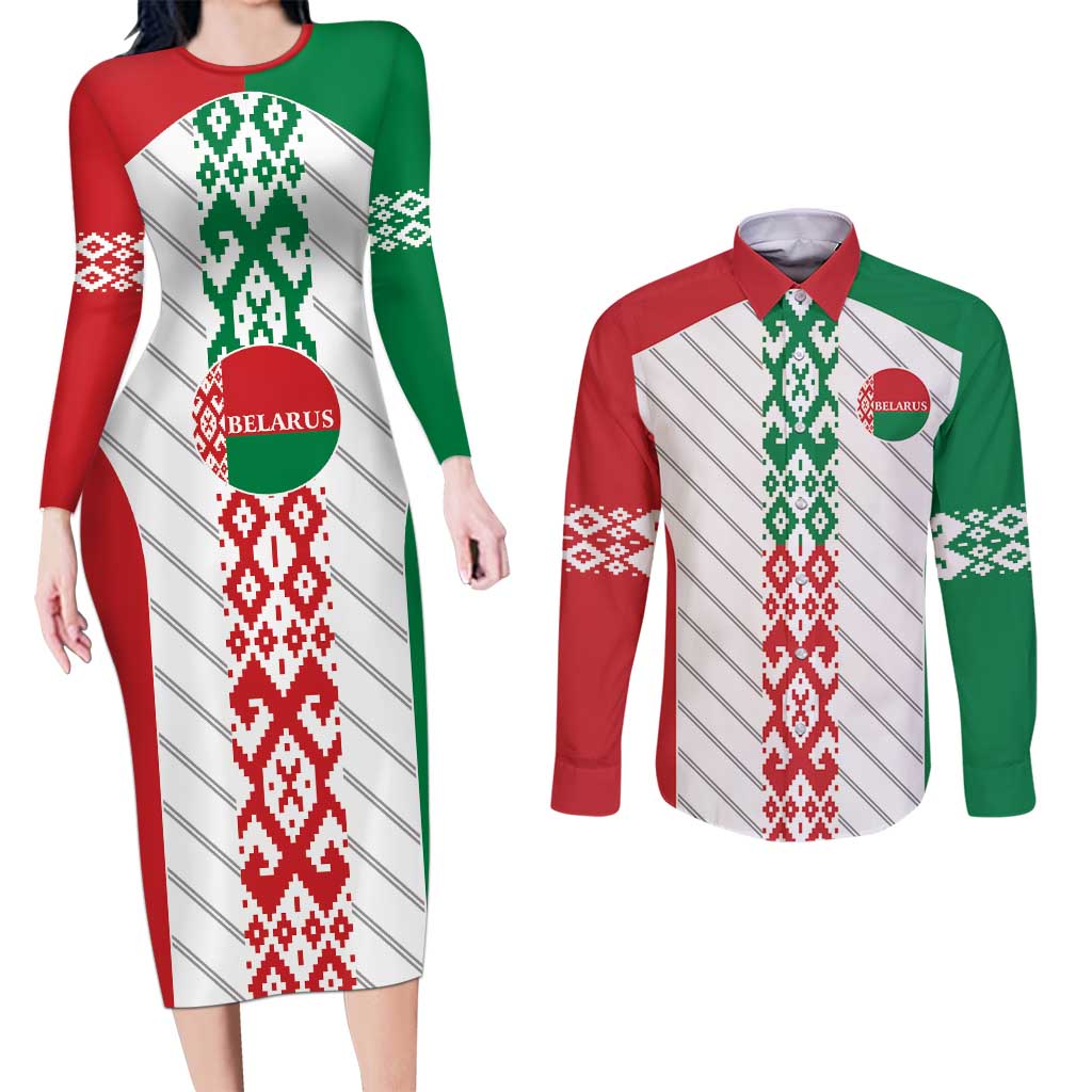 Belarus Football Custom Couples Matching Long Sleeve Bodycon Dress and Long Sleeve Button Shirt Rushnyk Pattern