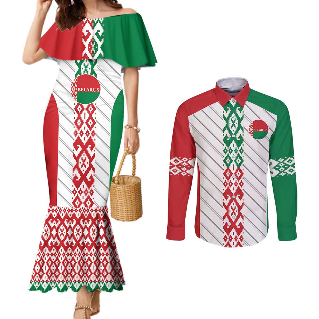 Belarus Football Custom Couples Matching Mermaid Dress and Long Sleeve Button Shirt Rushnyk Pattern